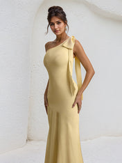 Yellow Satin One Shoulder Floor Length Formal Party Dress with Bow