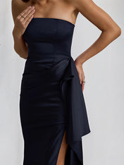 Black Satin Off the Shoulder Sleeveless Ruffles Dress with High Slit