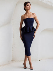 Navy Chiffon Strapless Sleeveless Tea Length Dress with Peplum Detail