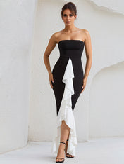 Black Stretch Crepe Off the Shoulder Asymmetrical Length Dress with Ruffled Slit