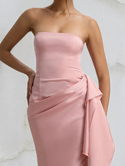 Pink Satin Off the Shoulder Sleeveless Ruffles Dress with High Slit