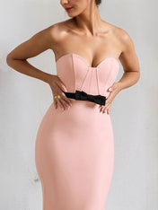 Pink Satin Sweetheart Neckline Sleeveless Floor Lenght Dress with Black Bow