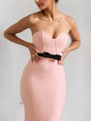 Pink Satin Sweetheart Neckline Sleeveless Floor Lenght Dress with Black Bow