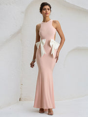 Pink Chiffon Cut Out Open back Floor Length Formal Party Dress with Bows