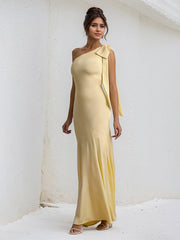 Yellow Satin One Shoulder Floor Length Formal Party Dress with Bow