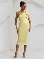Yellow Chiffon One Shoulder Tea Length  Dress with Bow