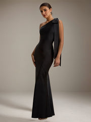 Black Satin One Shoulder Floor Length Formal Party Dress with Bow