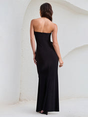 Black Chiffon Off the Shoulder Floor Length High Slit Dress with Flowers