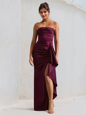 Wine Red Satin Off the Shoulder Sleeveless Ruffles Dress with High Slit