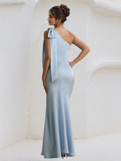 Blue Satin One Shoulder Floor Length Formal Party Dress with Bow