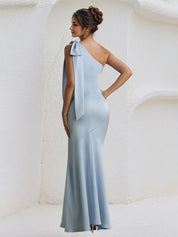 Blue Satin One Shoulder Floor Length Formal Party Dress with Bow