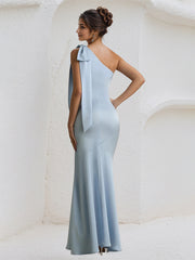 Blue Satin One Shoulder Floor Length Formal Party Dress with Bow