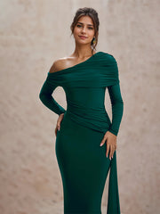 Green Formal Party One Shoulder Long Sleeves Floor Length Pleated Dress