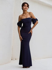 Navy Chiffon Strapless Floor Lenght Sheath Dress with Bow Sleeves