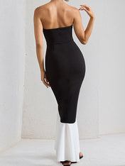 Black Stretch Crepe Off the Shoulder Asymmetrical Length Dress with Ruffled Slit