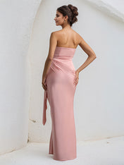 Pink Satin Off the Shoulder Sleeveless Ruffles Dress with High Slit