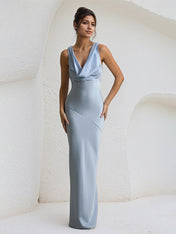 Blue Satin Cowl Neck Floor Length Sleeveless Sheath Dress