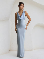 Blue Satin Cowl Neck Floor Length Sleeveless Sheath Dress