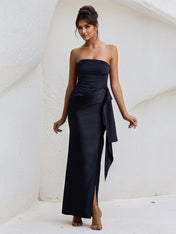 Black Satin Off the Shoulder Sleeveless Ruffles Dress with High Slit
