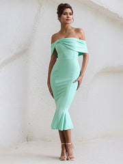 Mint Chiffon Off the Shoulder Tea Length Ruffles Dress