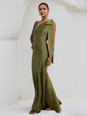 Olive Green Satin One Shoulder Sleeveless Floor Lenght Dress with Bow