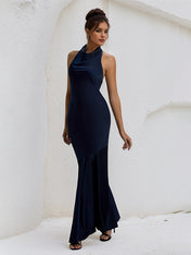 Navy Satin Halter Neck Open Back Floor Length Formal Party Dress with Bow