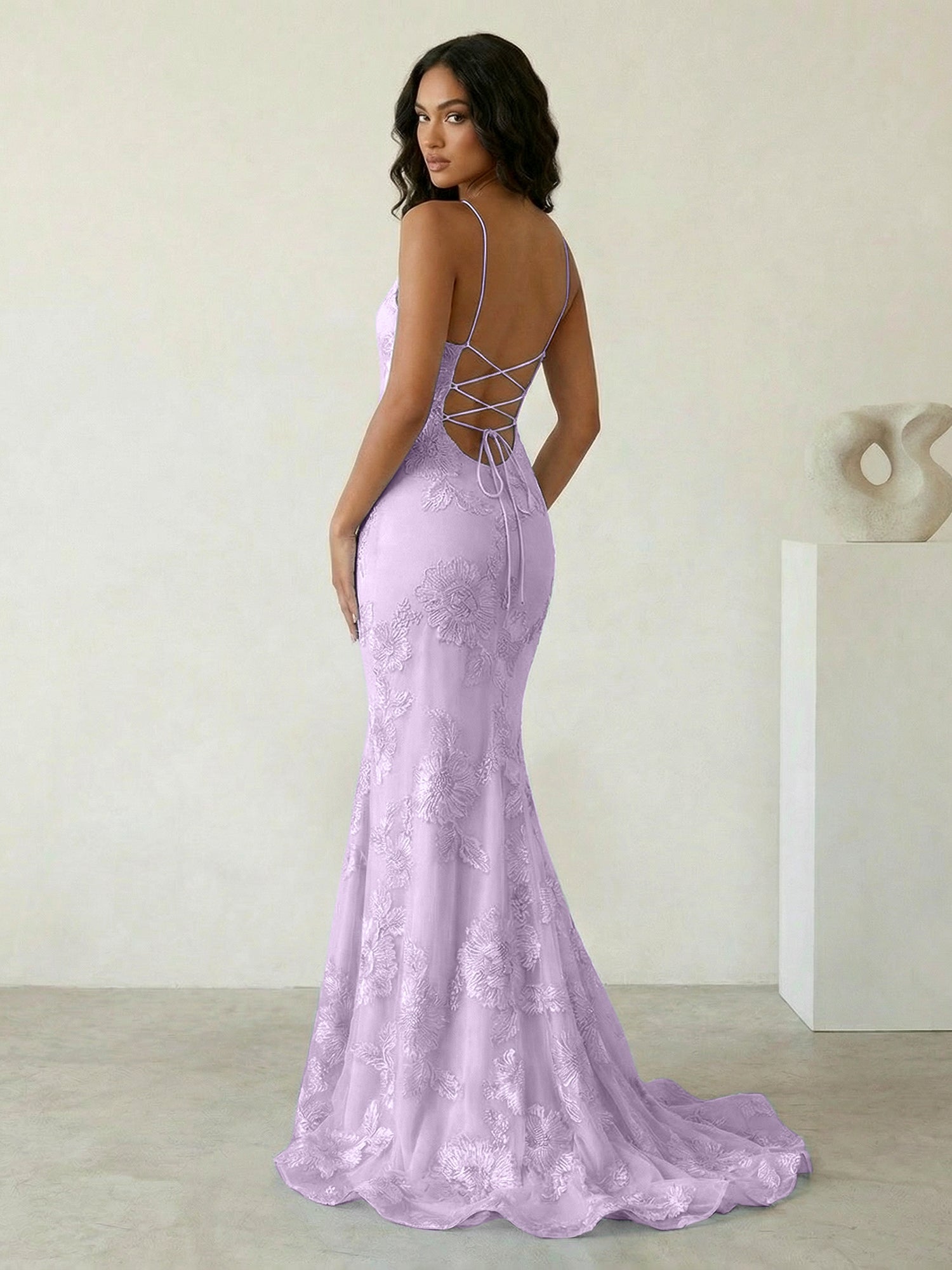 Light Blue Floral Embroidered Spaghetti Strap Prom Dresses