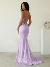 Light Blue Floral Embroidered Spaghetti Strap Prom Dresses