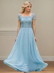 Light Blue A Line Square-Neck Chiffon Mother Of The Bride Dress With Appliques