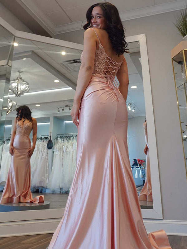 Light Pink Mermaid Spaghetti Straps Satin Appliques Long Prom Dress