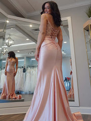 Light Pink Mermaid Spaghetti Straps Satin Appliques Long Prom Dress
