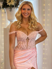 Pink Mermaid Off-Shoulder Sweetheart Appliques Pleated Prom Dress with Slit