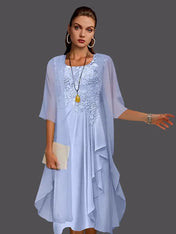 Two Piece A-Line Chiffon Lace Sleeveless Jacket Dresses with Pleats Appliques