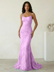 Light Blue Floral Embroidered Spaghetti Strap Prom Dresses