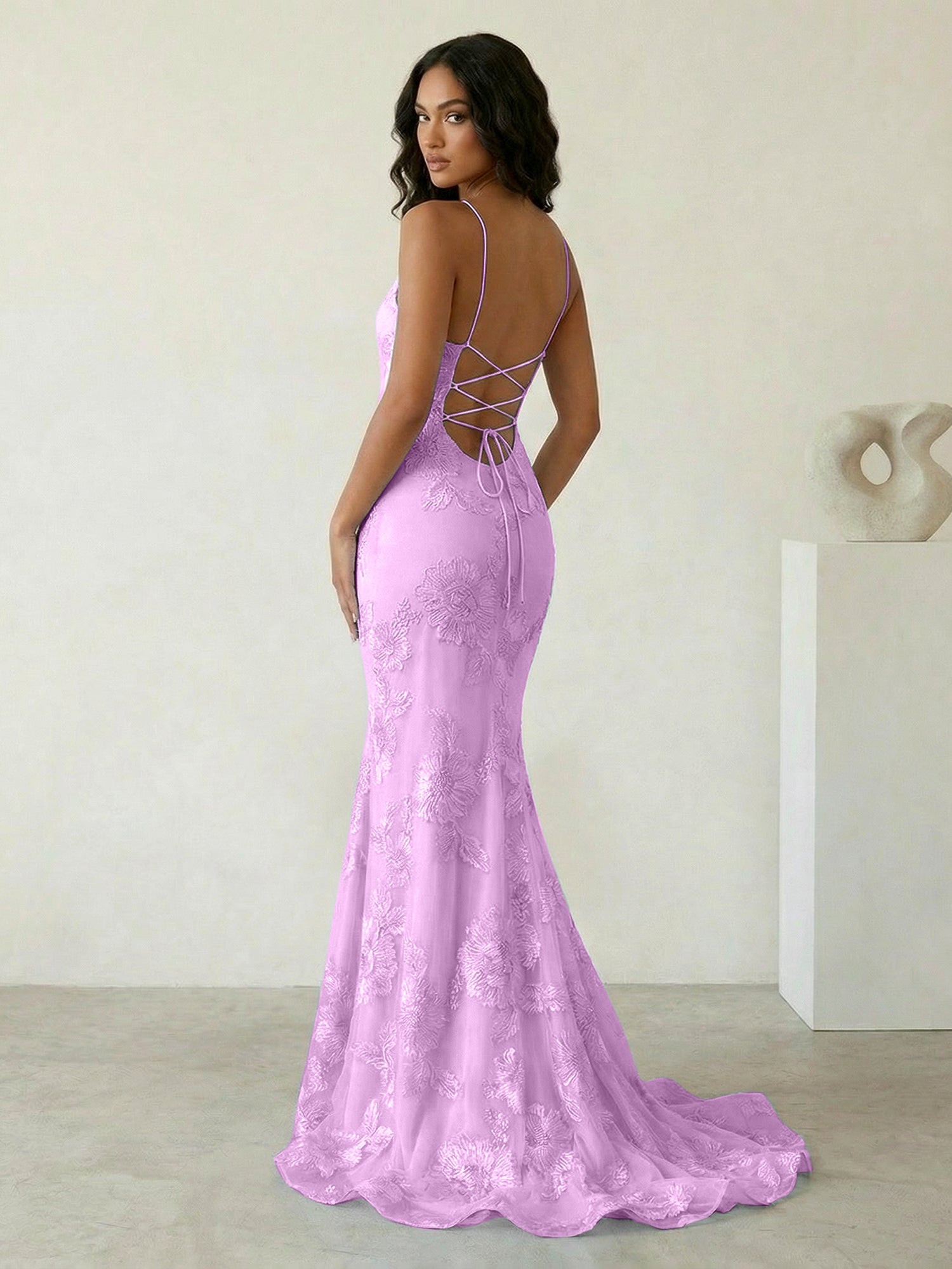 Light Blue Floral Embroidered Spaghetti Strap Prom Dresses