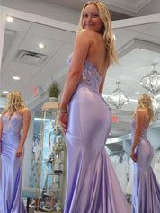 Lilac Mermaid Halter Corset Long Prom Dress with Appliques