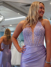 Lilac Mermaid Halter Corset Long Prom Dress with Appliques