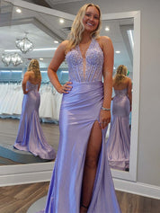 Lilac Mermaid Halter Corset Long Prom Dress with Appliques