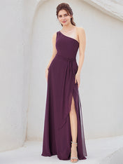 A Line Orchid Chiffon One Shoulder Sleeveless Floor Length Dress With High Slit