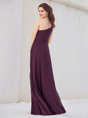 A Line Orchid Chiffon One Shoulder Sleeveless Floor Length Dress With High Slit
