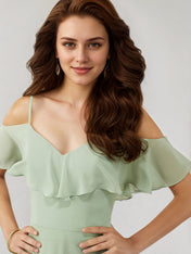 A Line Sage Chiffon Spaghetti Straps Short Sleeves Floor Length Dress