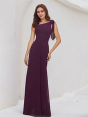 A Line Orchid Chiffon One Shoulder Sleeveless Floor Length Dress