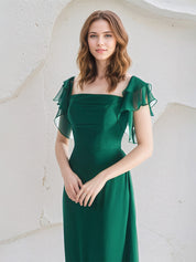 A Line Dark Green Chiffon Square Neck Floor Length Dress With Ruffle Sleeves