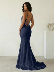 Light Blue Floral Embroidered Spaghetti Strap Prom Dresses