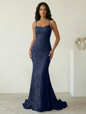 Light Blue Floral Embroidered Spaghetti Strap Prom Dresses