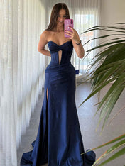 Navy Mermaid Strapless Corset Bodice Prom Dress with Slit