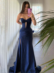 Navy Mermaid Strapless Corset Bodice Prom Dress with Slit