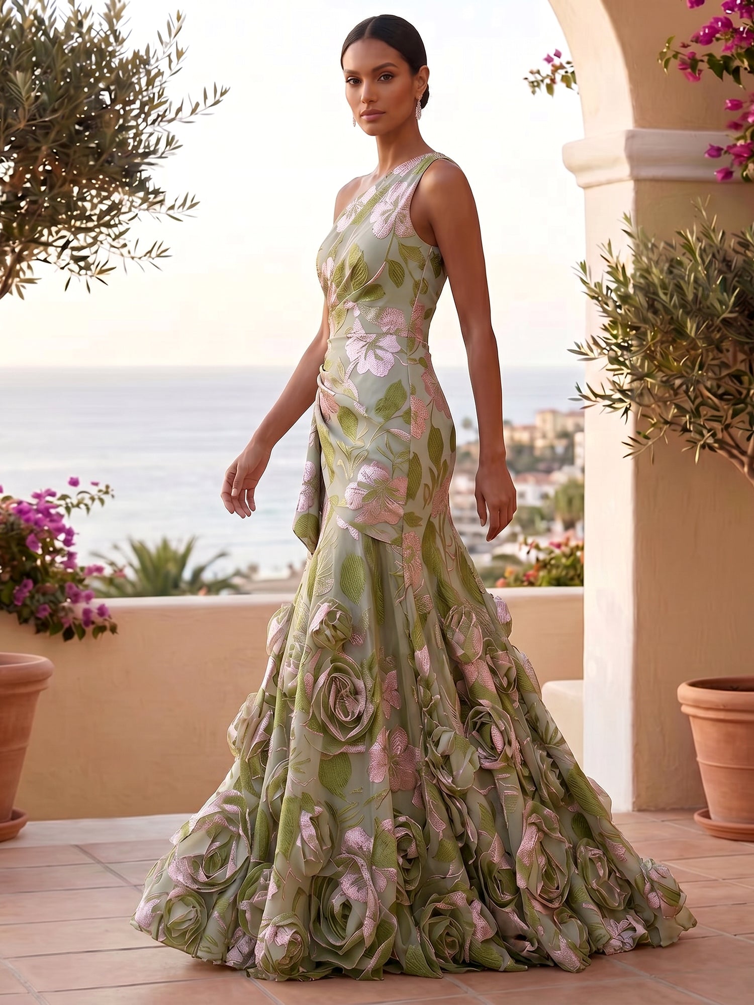 Botanical Party Sage Green Floral One-Shoulder Formal Evening Gown