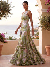 Botanical Party Sage Green Floral One-Shoulder Formal Evening Gown