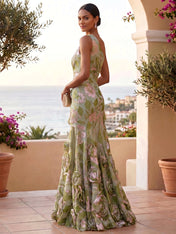 Botanical Party Sage Green Floral One-Shoulder Formal Evening Gown